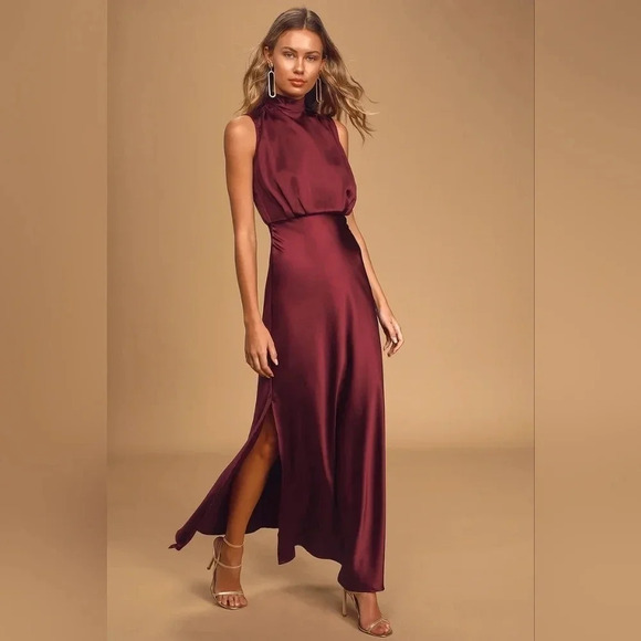 Lulus Classic Elegance Wine Satin Sleeveless Mock Neck Maxi Dress Wedding Party - Picture 3 of 11
